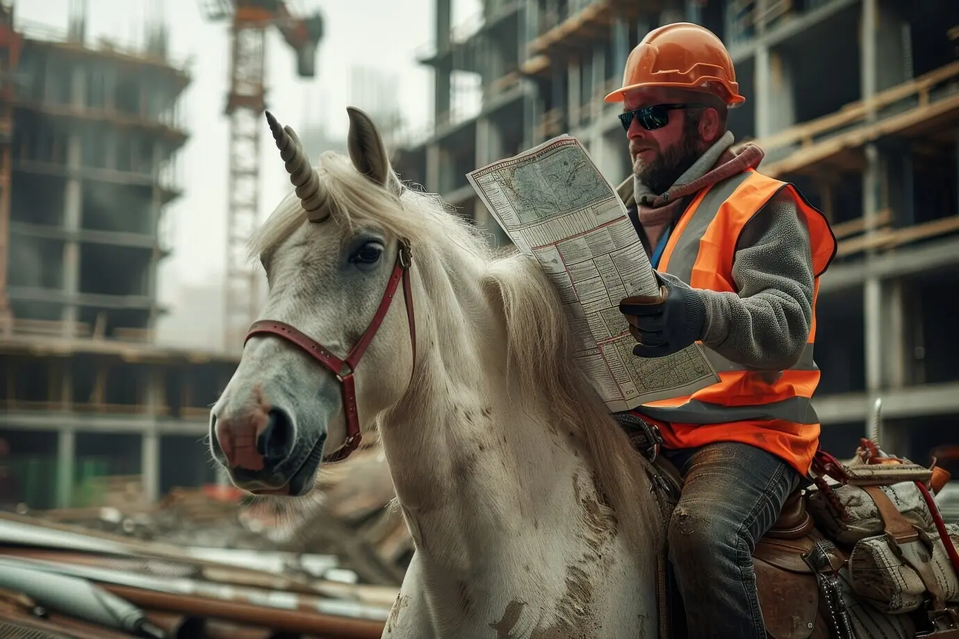 Porträt eines Mannes im filmischen Stil mit einem mystischen, surrealen Einhorn-Tier.