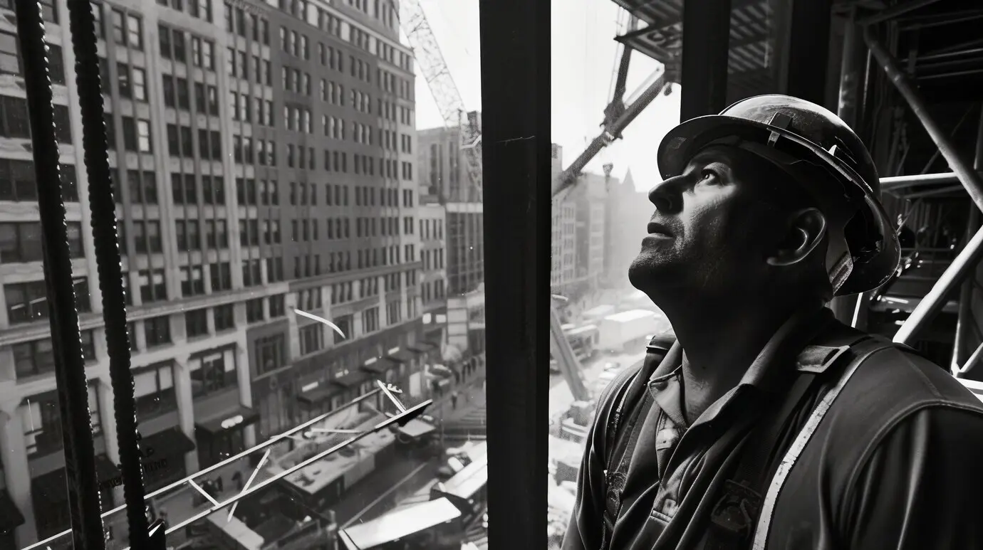 Schwarz-Weiß-Szene, die das Leben von Bauarbeitern auf der Baustelle zeigt.